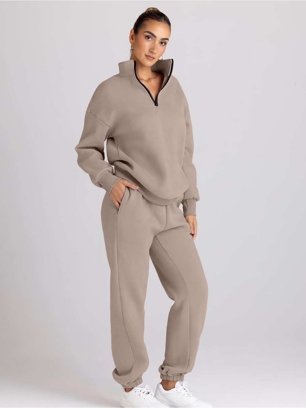 Amazon Women's Taupe Track Pant and Zip-Neck Pullover Set